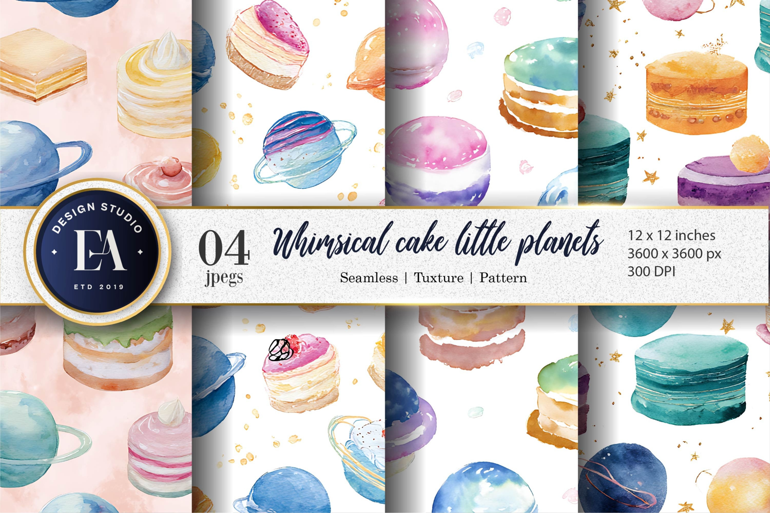 Planet Cakes Watercolor Seamless Digital Paper product image 1