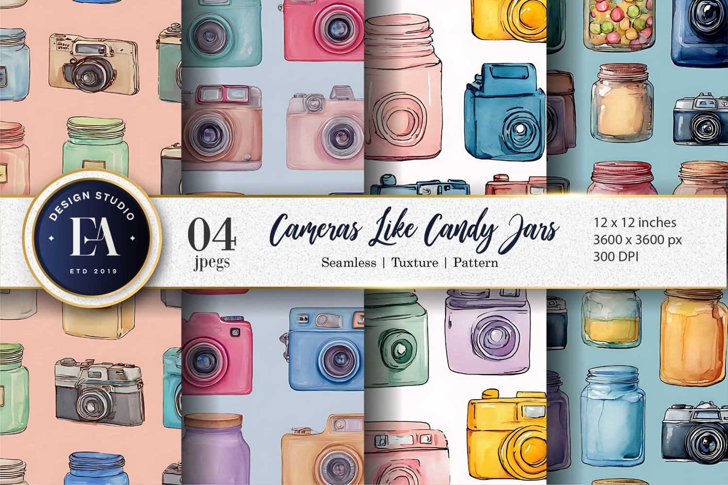 Candy Jar Cameras Watercolor Seamless Digital Paper product image 1