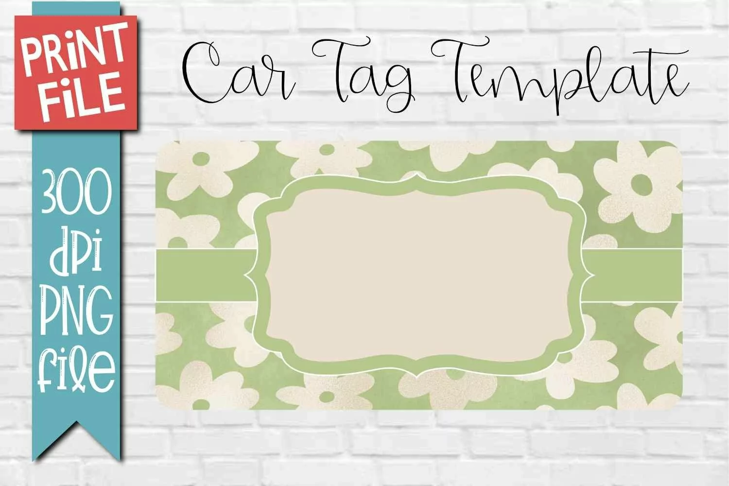Car Tag Template PNG Green Flower Pattern Sublimation