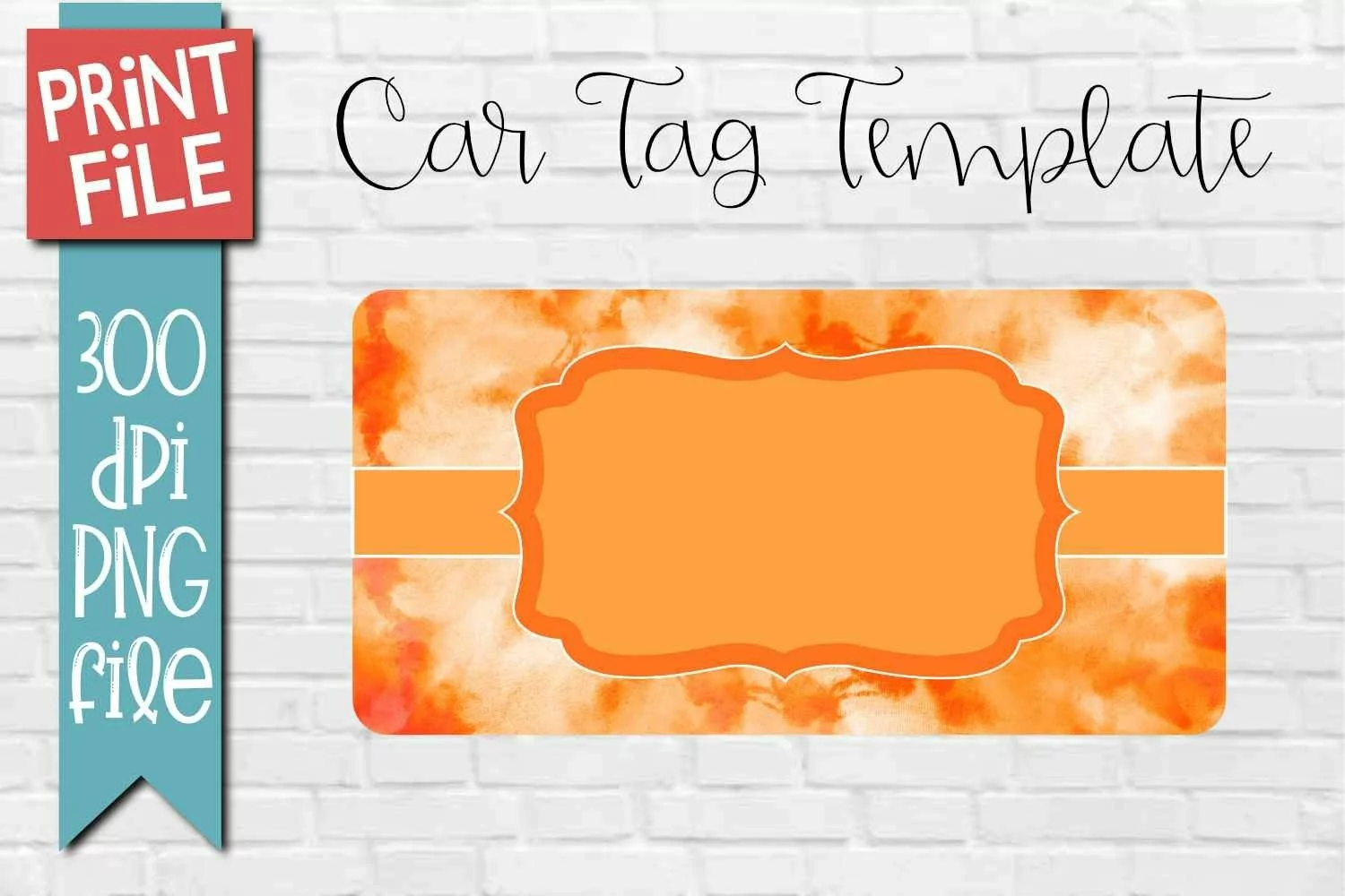 Car Tag Template PNG Orange Tie Dye Pattern with a white background