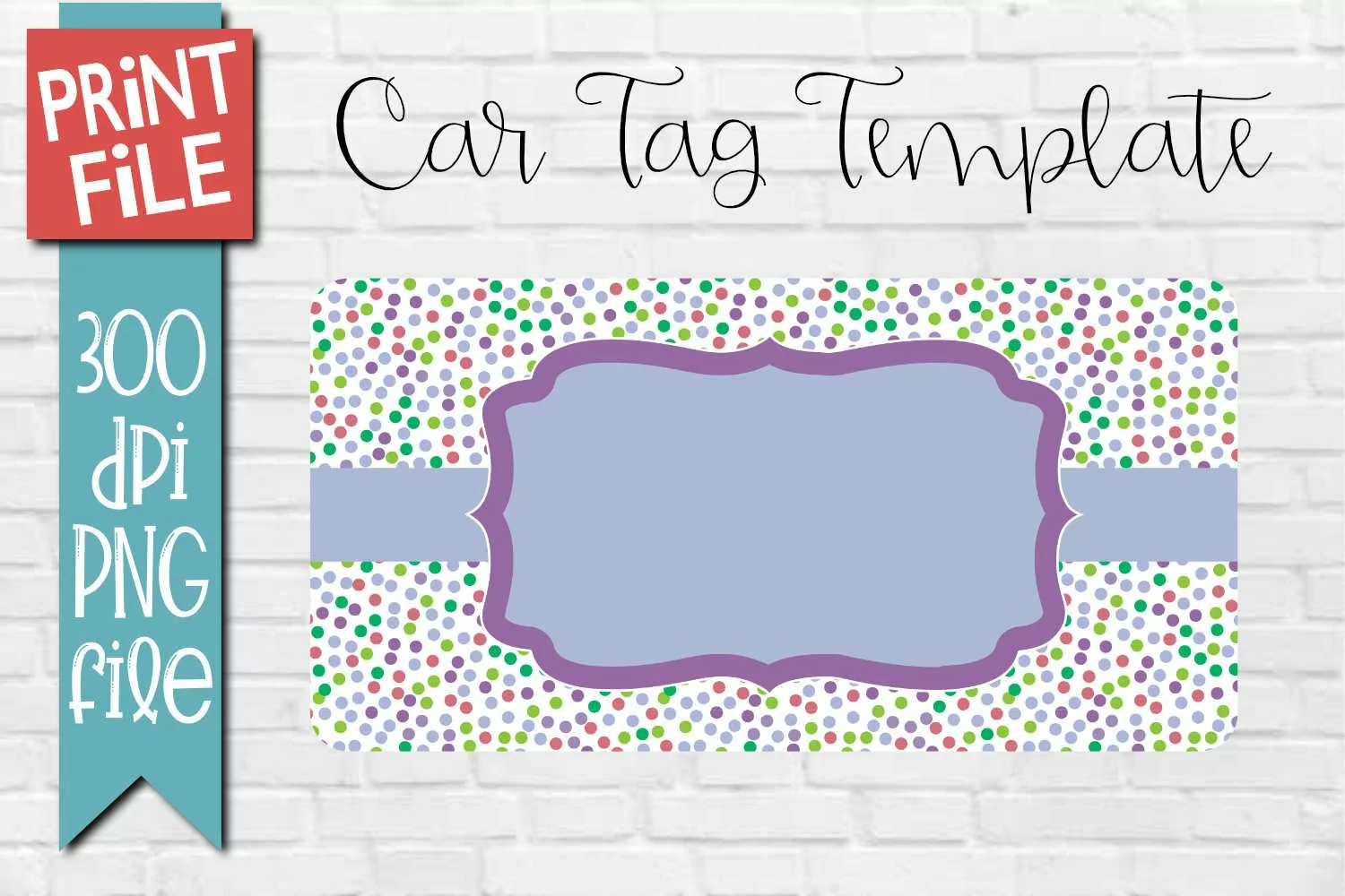 Car Tag Template PNG Purple Polka Dot Pattern