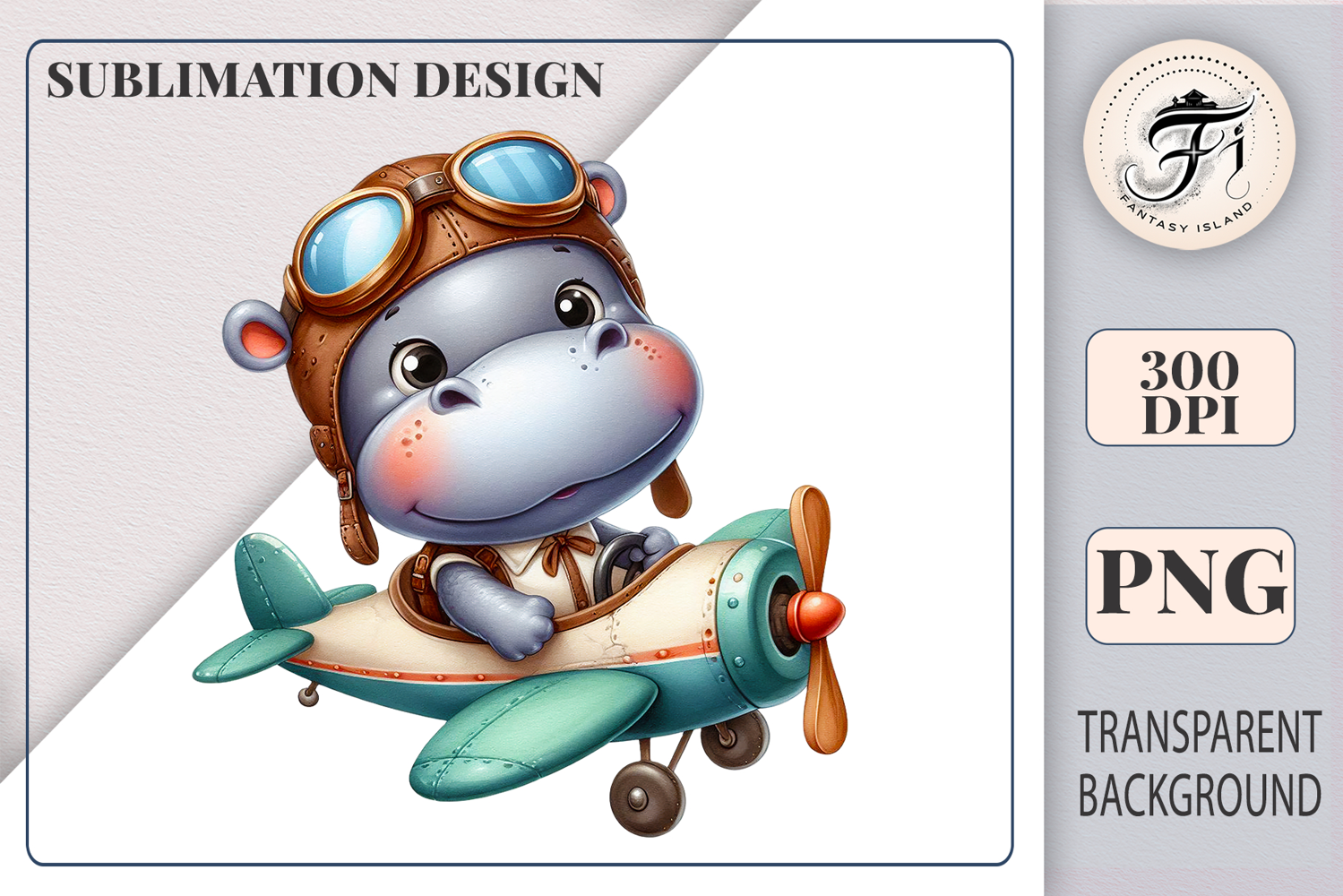 Cute cartoon hippo pilot flying a vintage teal airplane, watercolor sublimation clipart for kids, nursery decor, stickers, t-shirts, and greeting cards.