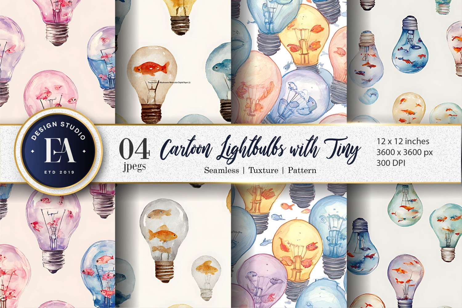Cartoon Watercolor Lightbulbs with Tiny Fish Digital Paper product image 1