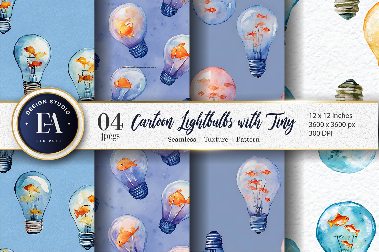Fish in Lightbulbs Watercolor Seamless Digital Paper product image 1