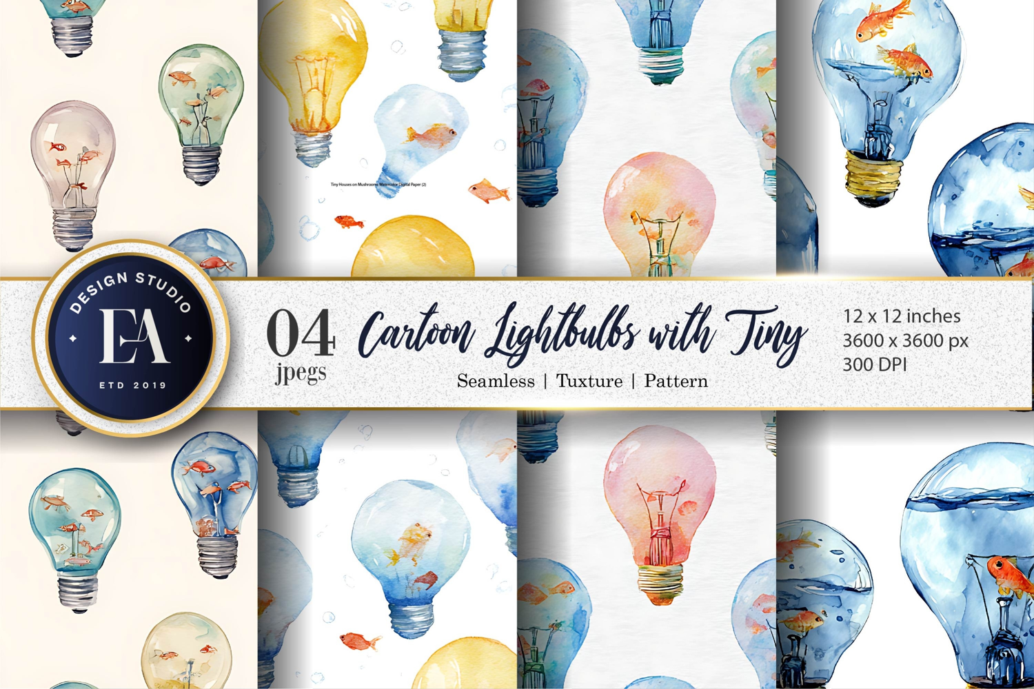 Cartoon Watercolor Lightbulbs with Tiny Fish Digital Paper product image 1