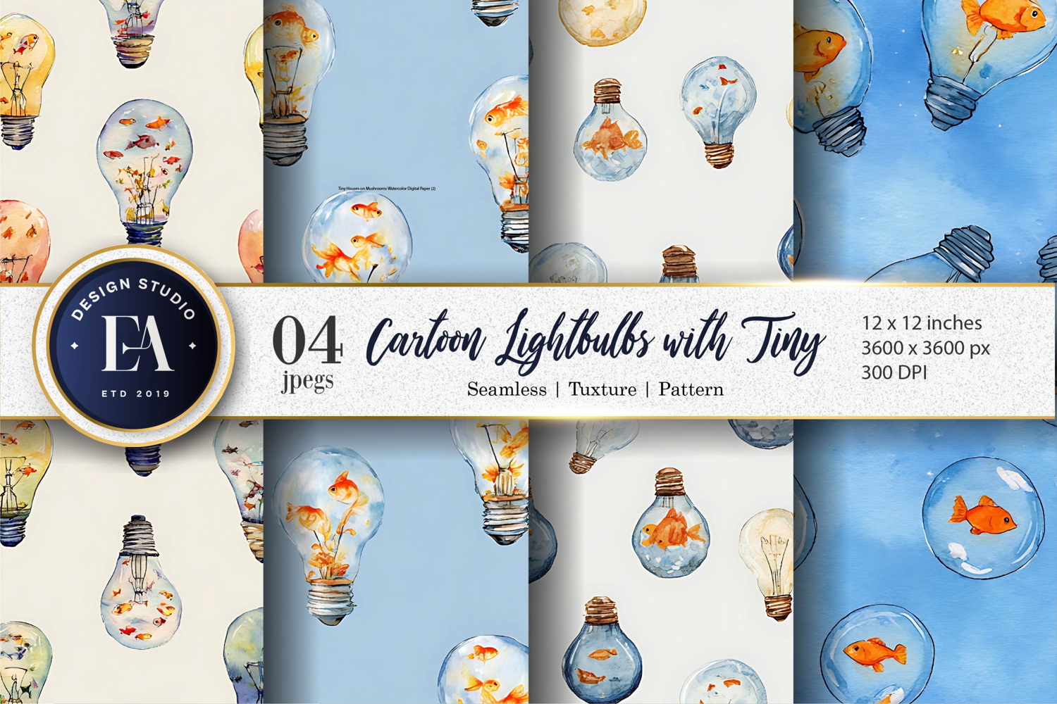 Fish in Lightbulbs Watercolor Seamless Digital Paper product image 1