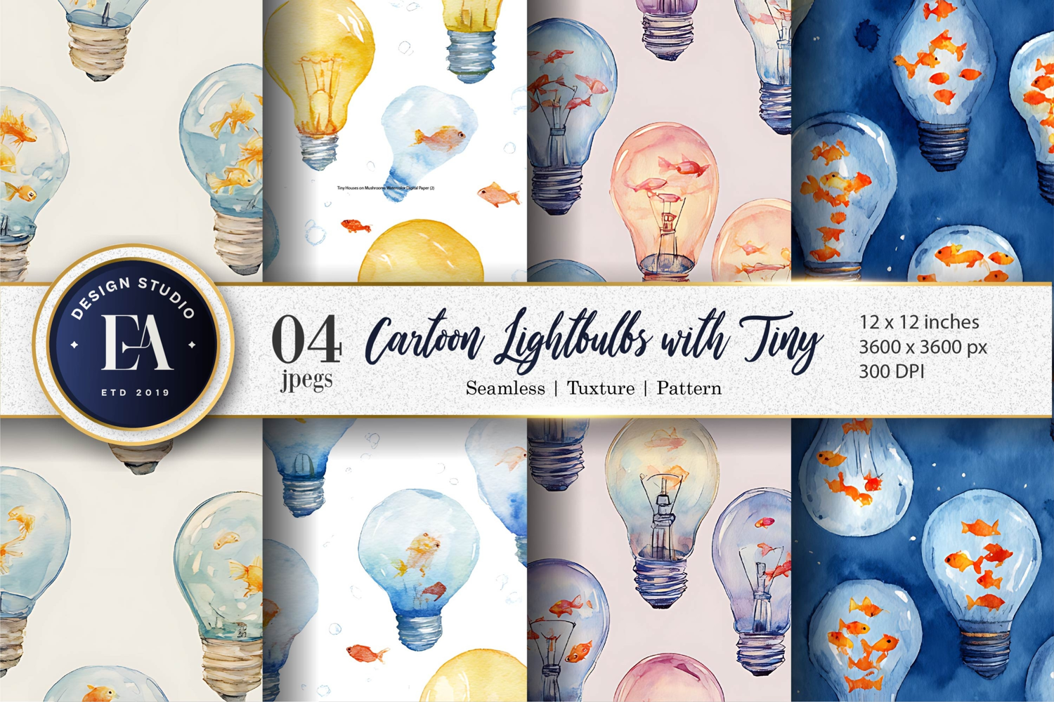 Fish in Lightbulbs Watercolor Seamless Digital Paper product image 1