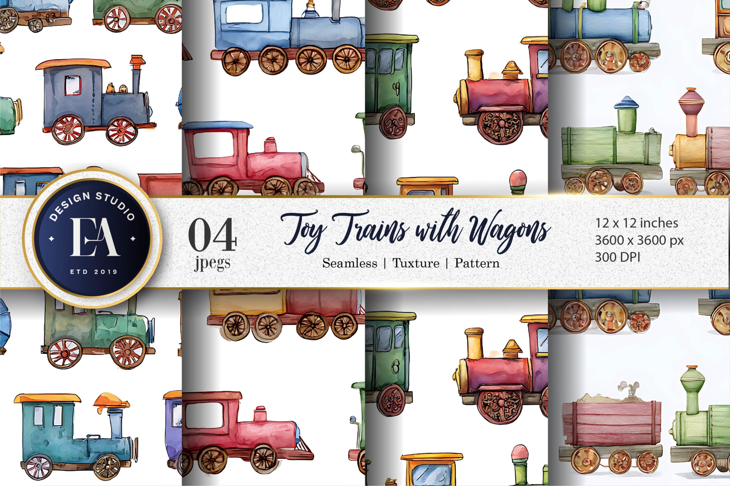 Hand-Painted Toy Trains with Bright Wagons Digital Paper product image 1