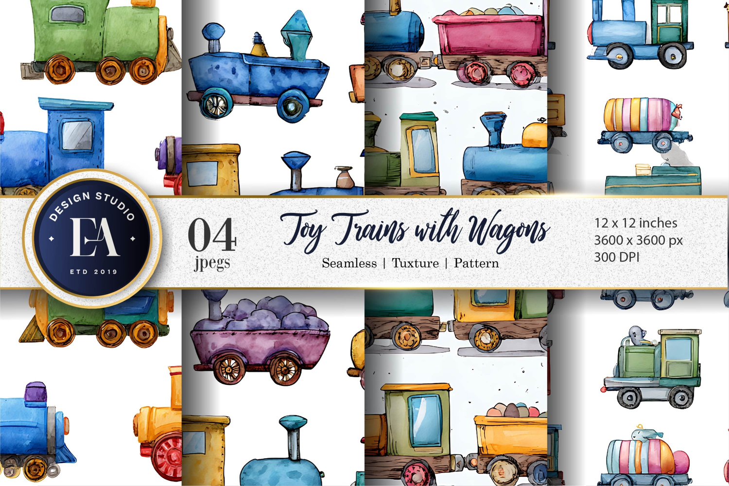 Toy Trains with Colorful Wagons Pattern Digital Paper product image 1