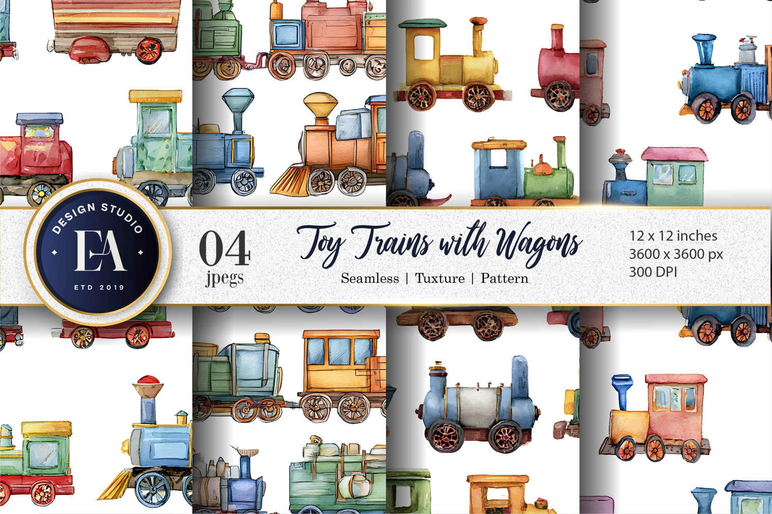 Toy Trains with Colorful Wagons Pattern Digital Paper product image 1