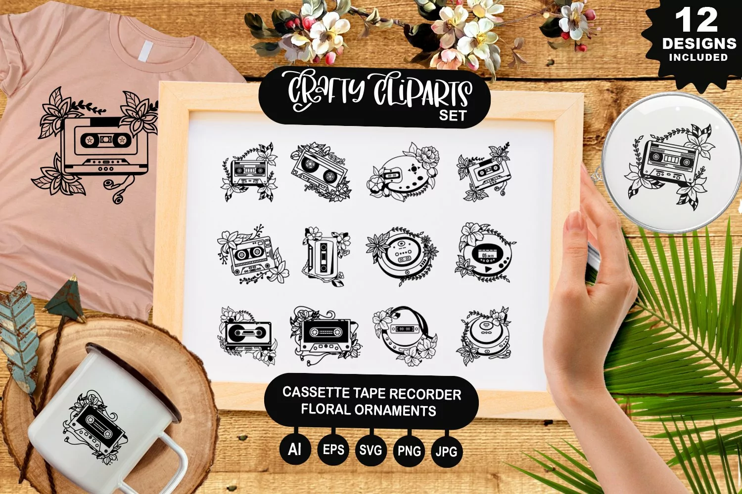 Cassette Tape Recorder Floral Ornaments Clipart Set product image 1