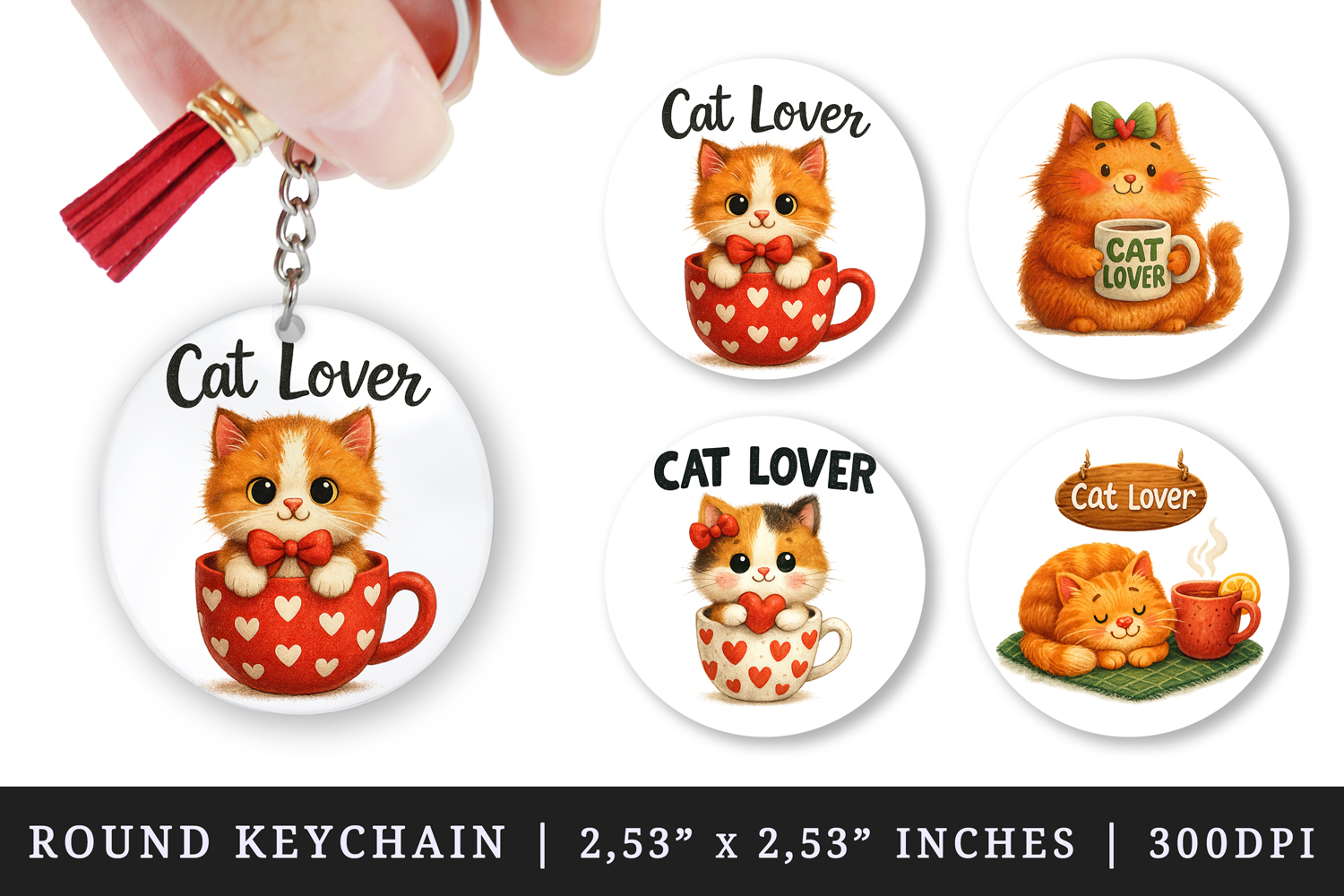 Cat Lover round keychain pintable sublimation design png product image 1