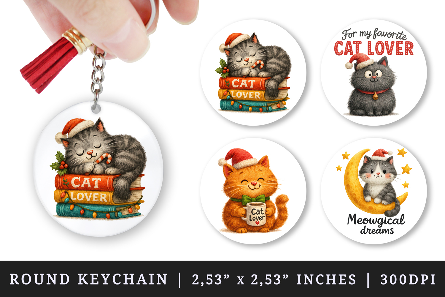 Cat Lover round keychain pintable sublimation design png product image 1