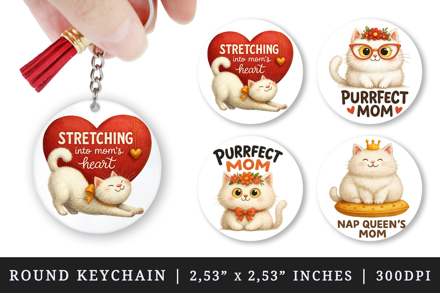Cat Mom round keychain pintable sublimation design png product image 1
