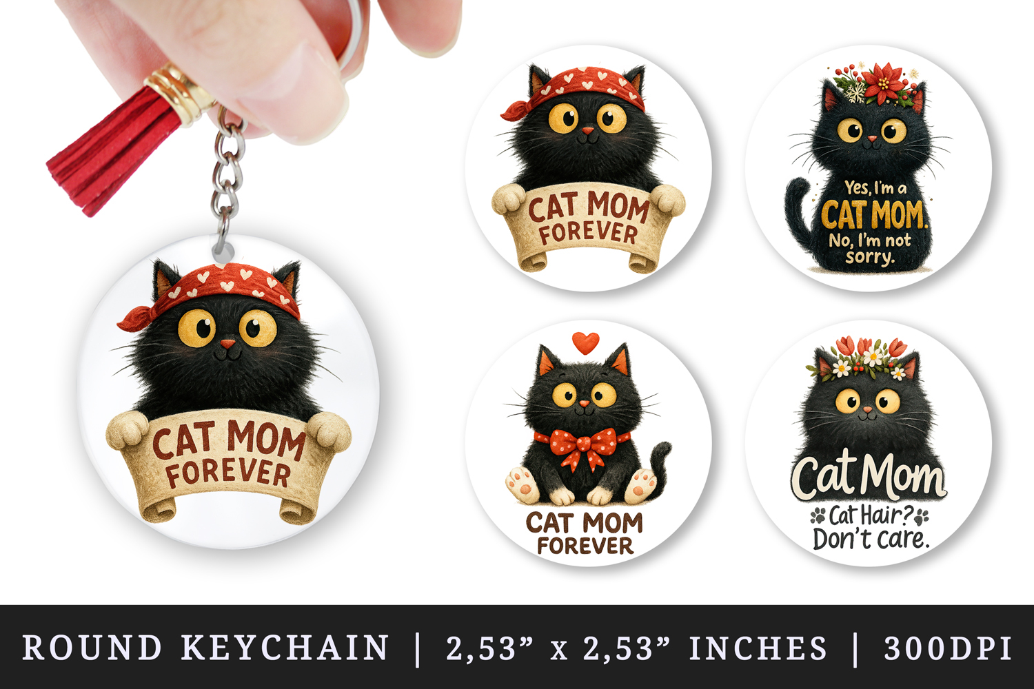 Cat Mom round keychain pintable sublimation design png product image 1