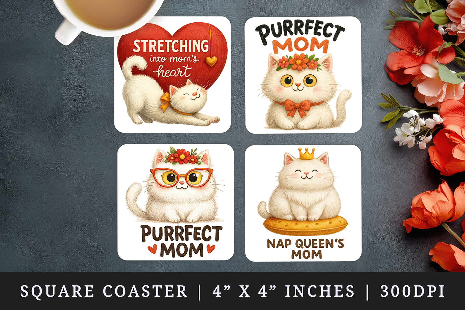 Cat Mom square coaster sublimation, coasters design product image 1