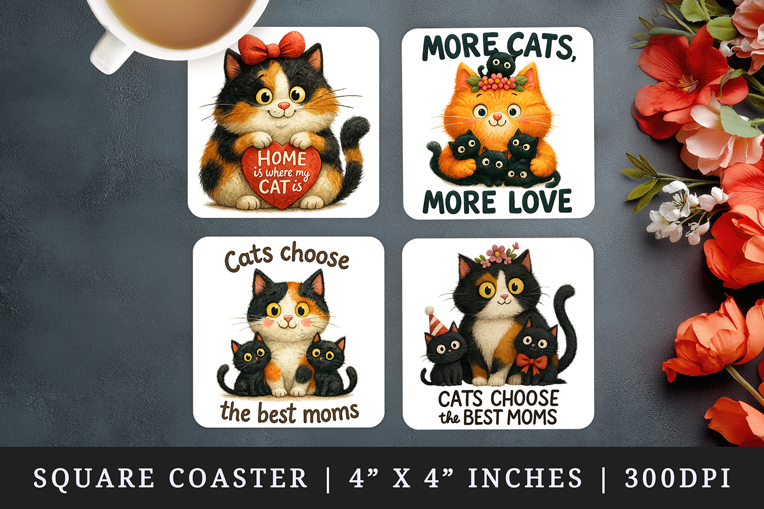 Cat Mom square coaster sublimation, coasters design product image 1