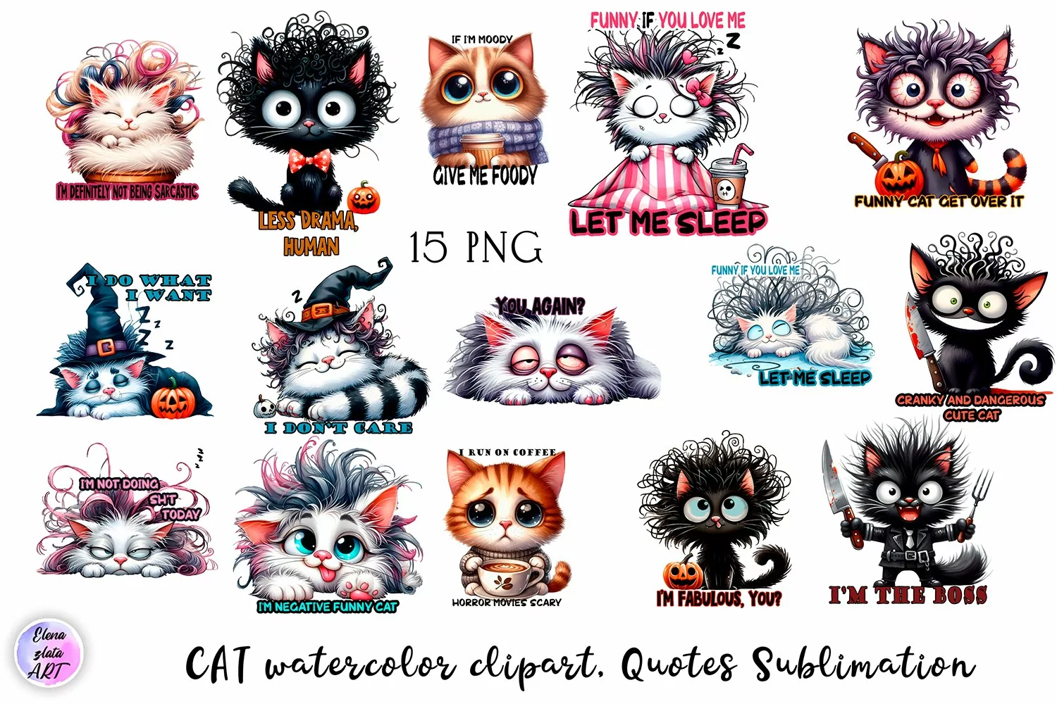 Black and white cat, Sarcastic halloween Clipart watercolor product image 1