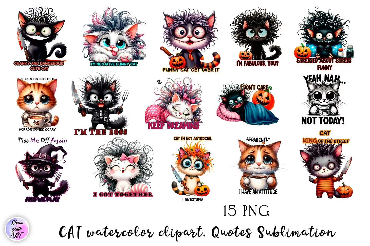 Black and white cat, Sarcastic halloween Clipart watercolor product image 1
