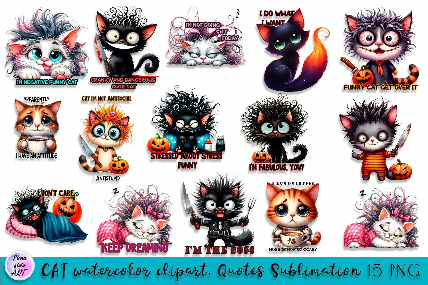 Black and white cat, Sarcastic halloween Clipart watercolor product image 1