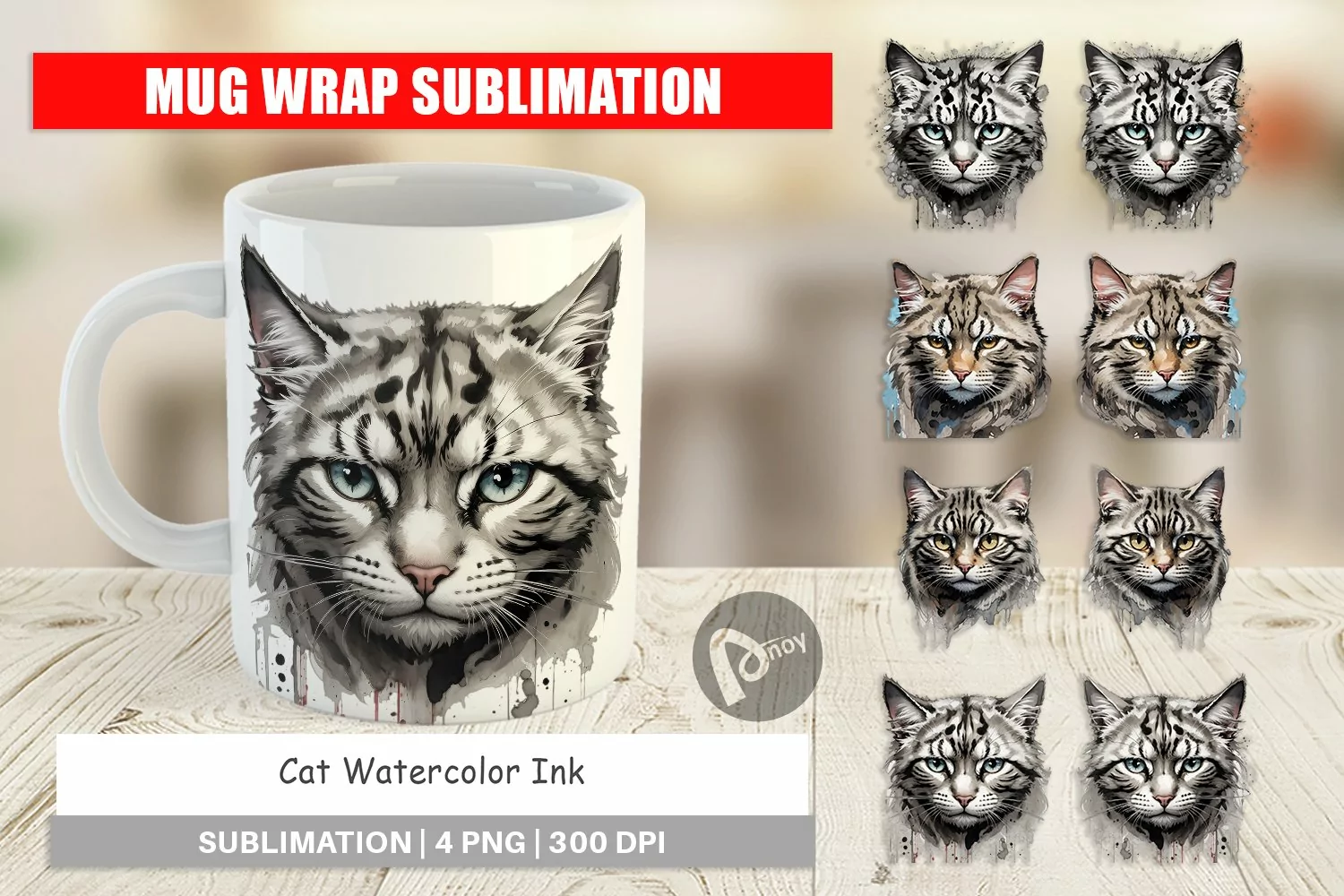 Mug Wrap Design Cat Watercolor Ink product image 1