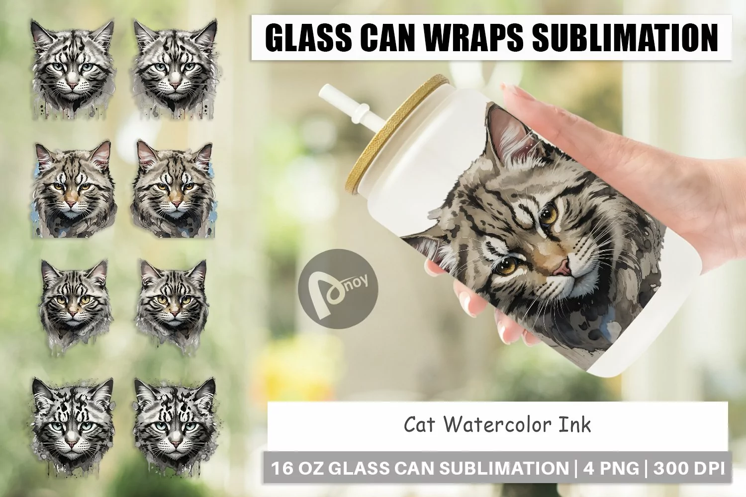 Glass Can Wraps Cat Watercolor Ink product image 1