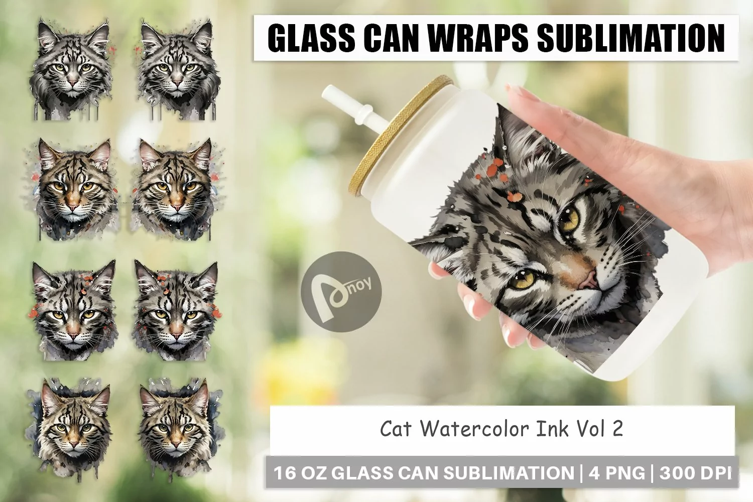 Glass Can Wraps Cat Watercolor Ink product image 1