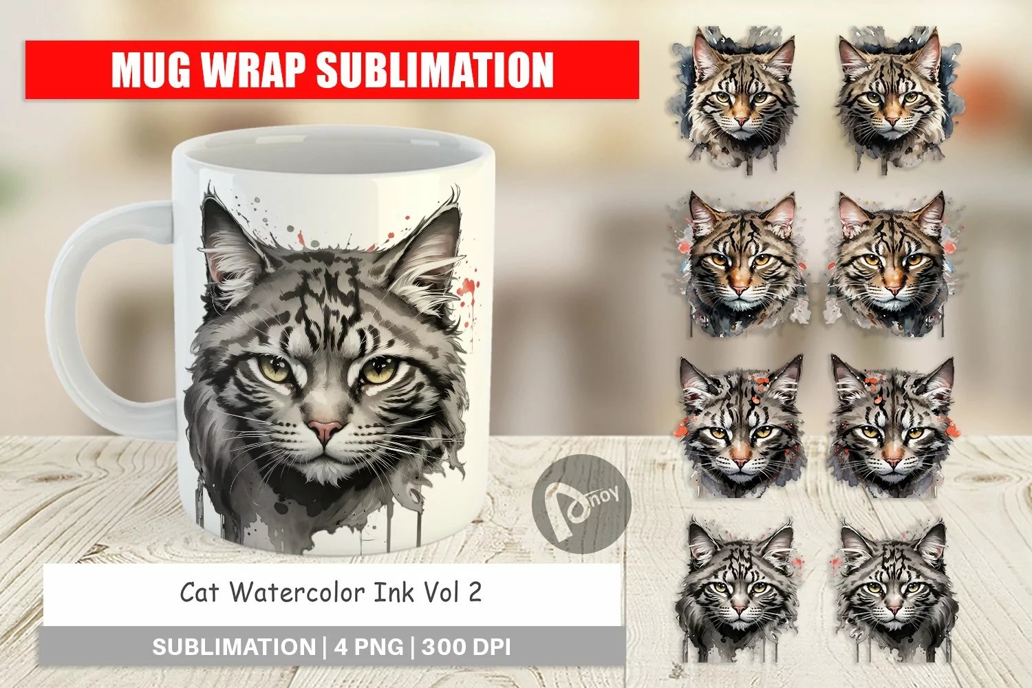 Mug Wrap Design Cat Watercolor Ink product image 1