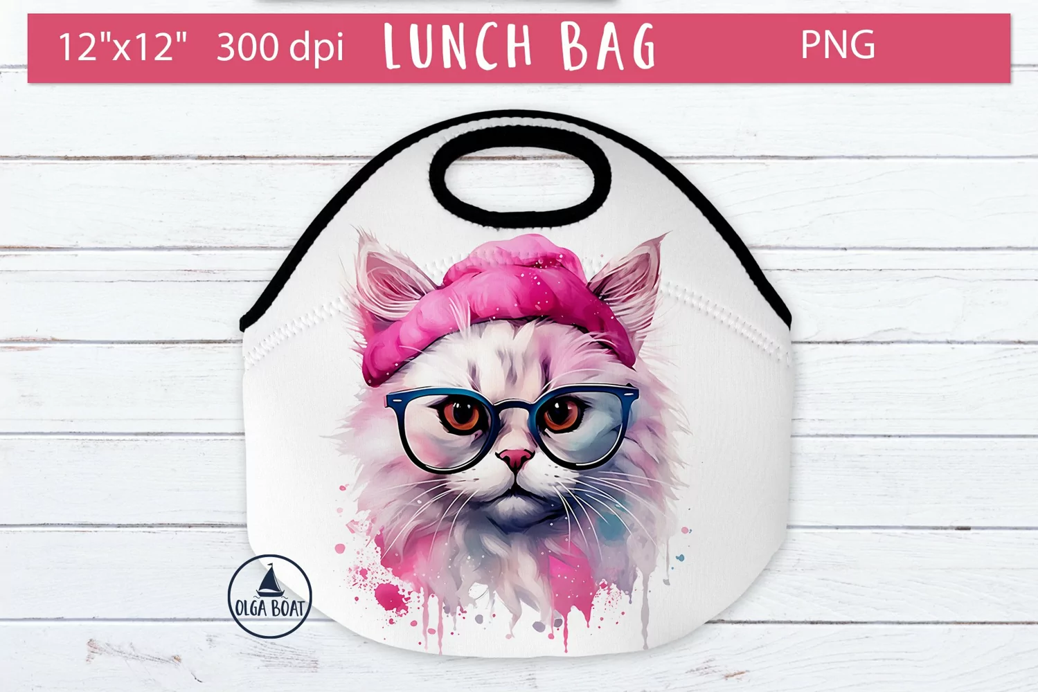 Cat with glasses watercolor drawing Lunch Bag sublimation