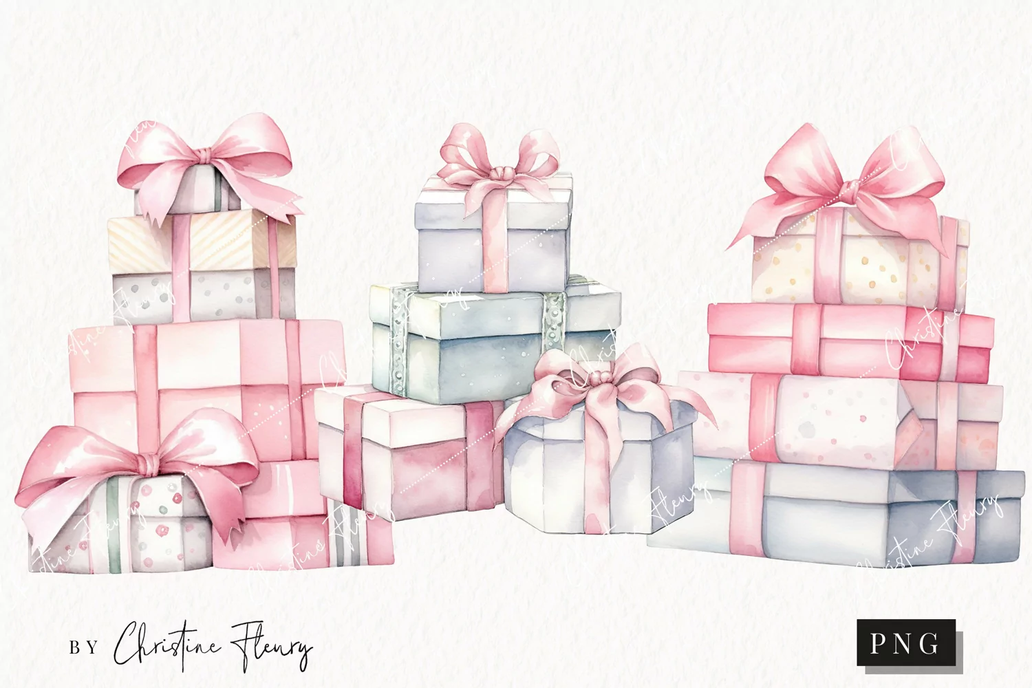 Watercolor Pink Gifts Stacked Clipart | Christmas Clipart product image 1