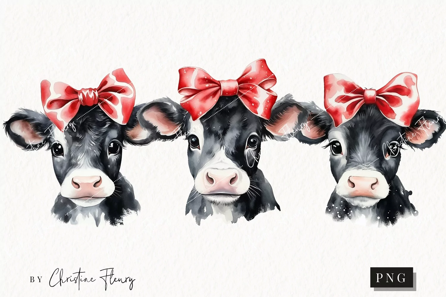Watercolor Valentine Cow With Bow Clipart | Valentines PNG product image 1