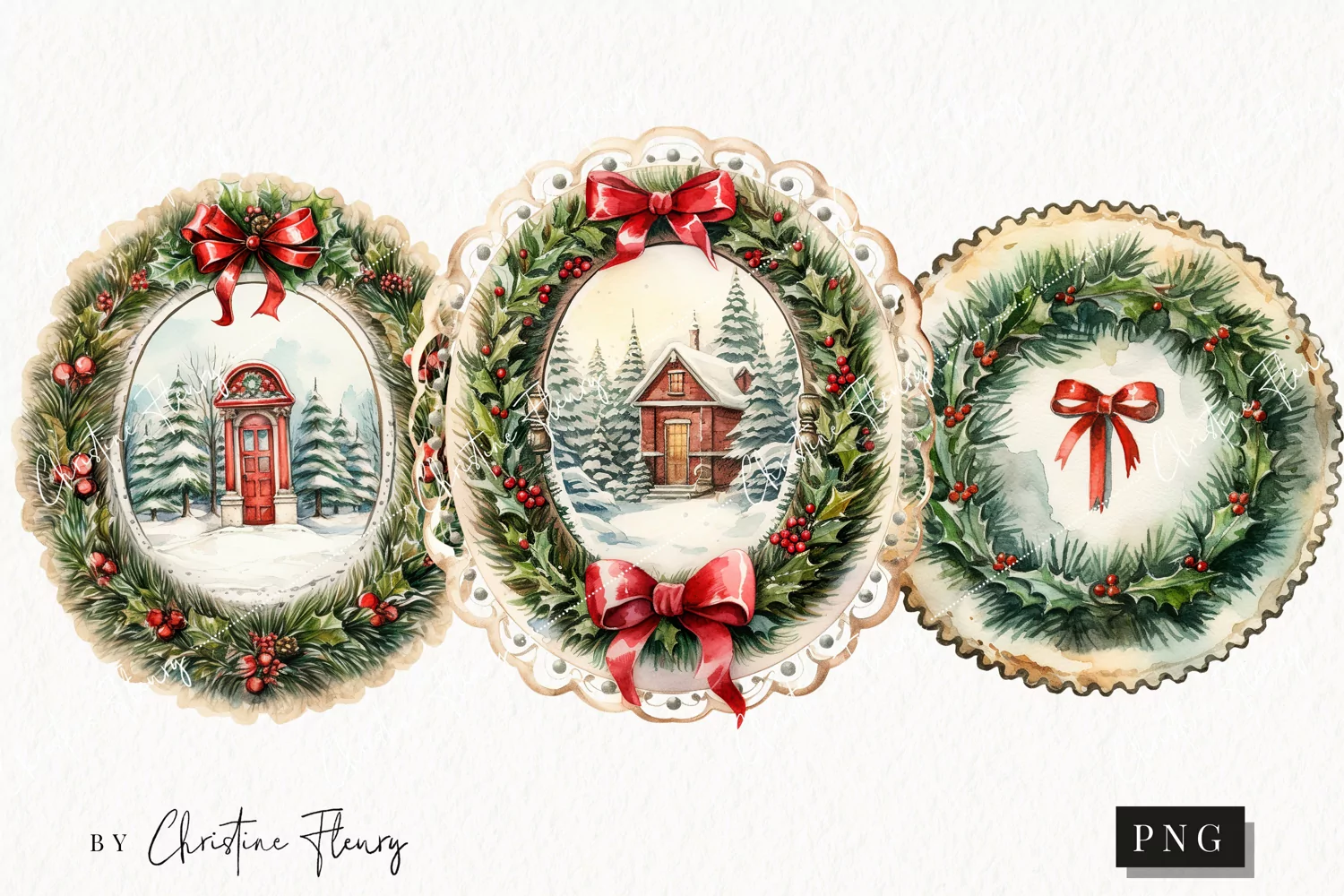 Watercolor Christmas Wreath Postage Stamps | Christmas PNG product image 1