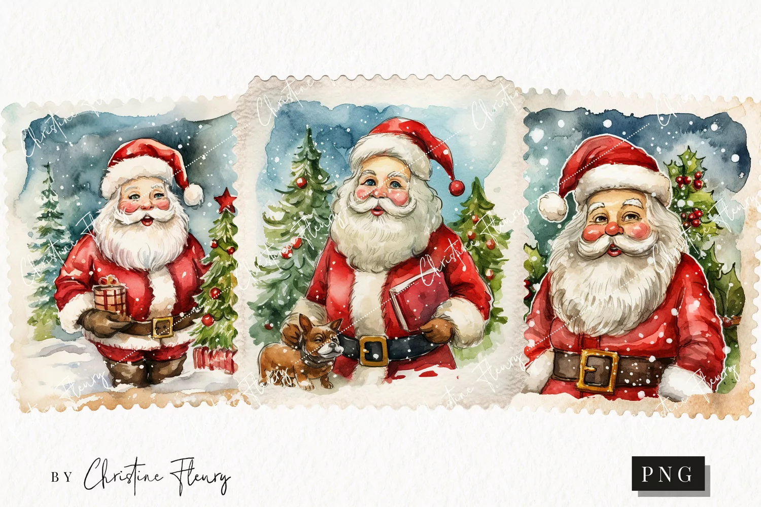 Watercolor Christmas Santa Postage Stamps | Christmas PNG product image 1