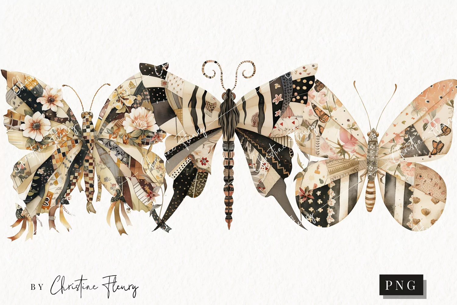 Vintage Patchwork Butterflies PNG | Vintage PNG product image 1