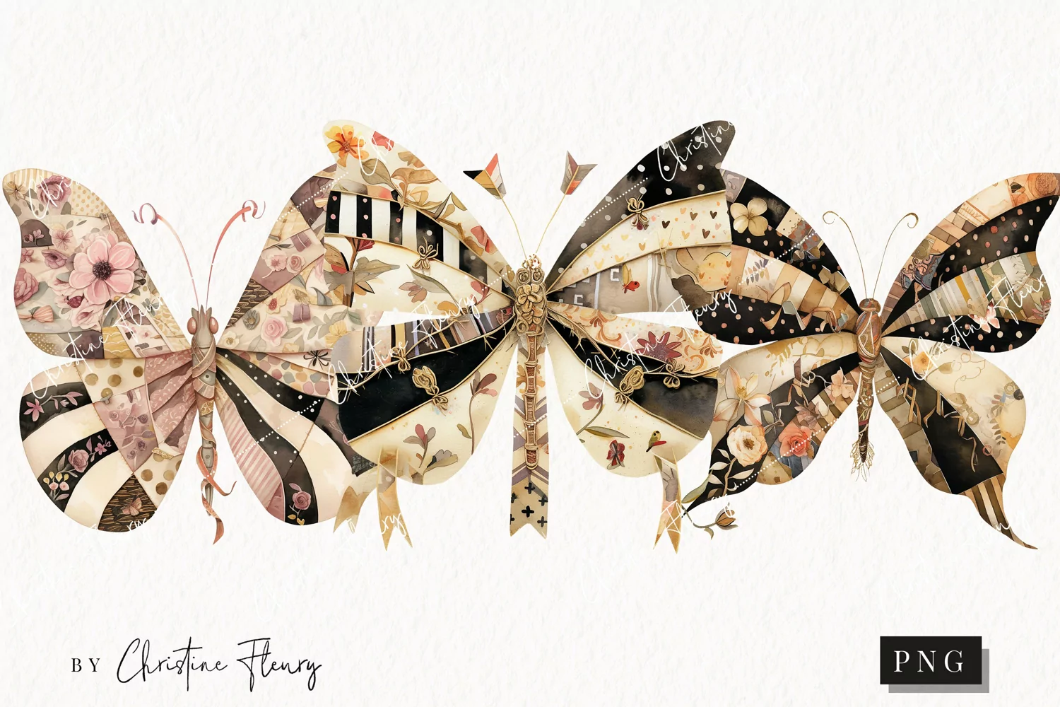 Vintage Patchwork Butterflies PNG | Vintage PNG product image 1
