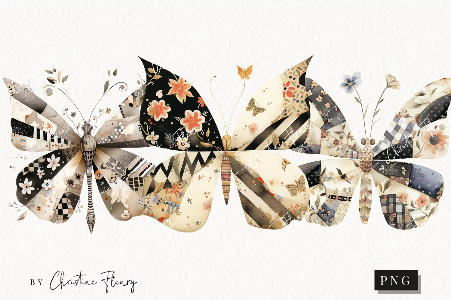 Vintage Patchwork Butterflies PNG | Vintage PNG product image 1