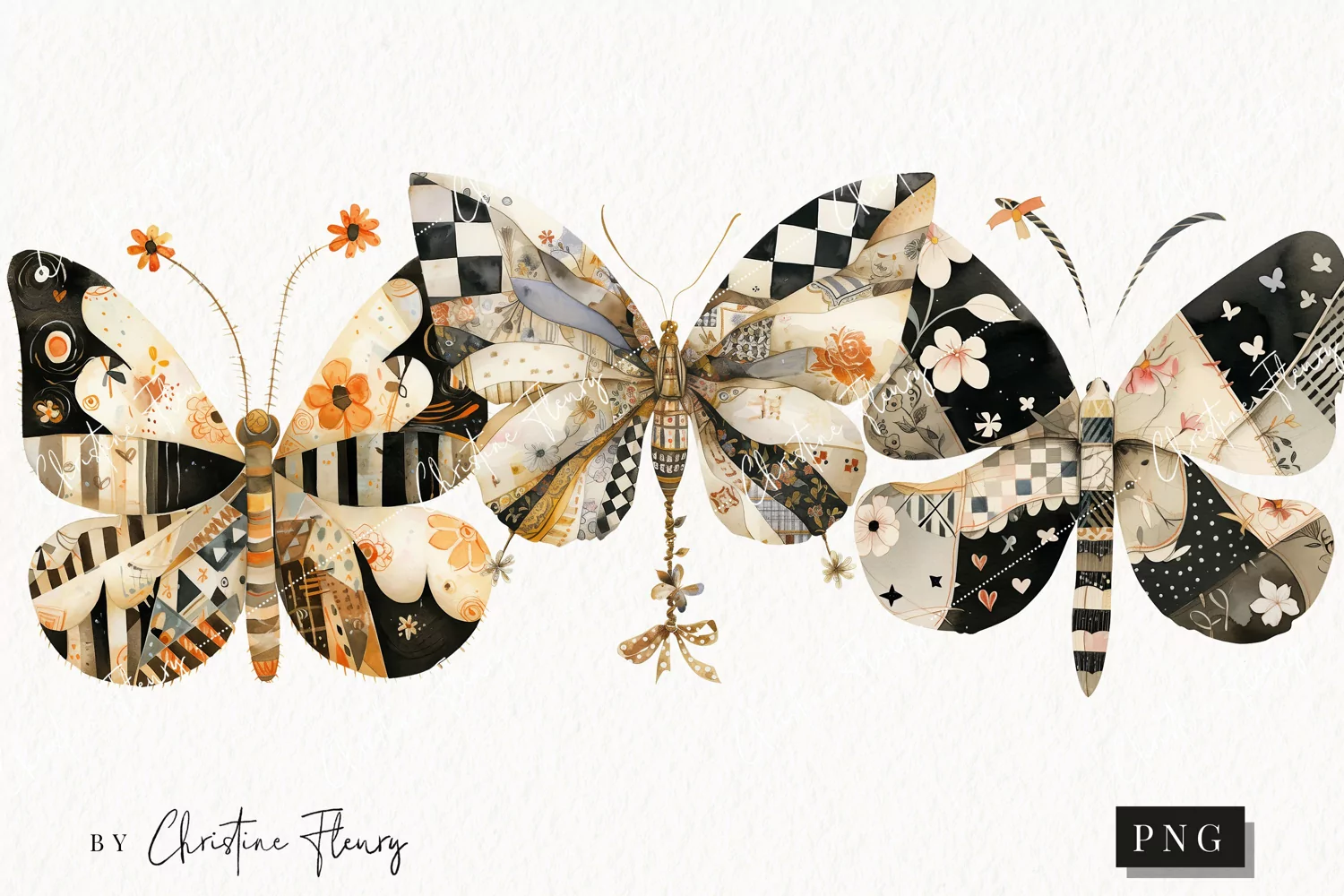 Vintage Patchwork Butterflies PNG | Vintage PNG product image 1