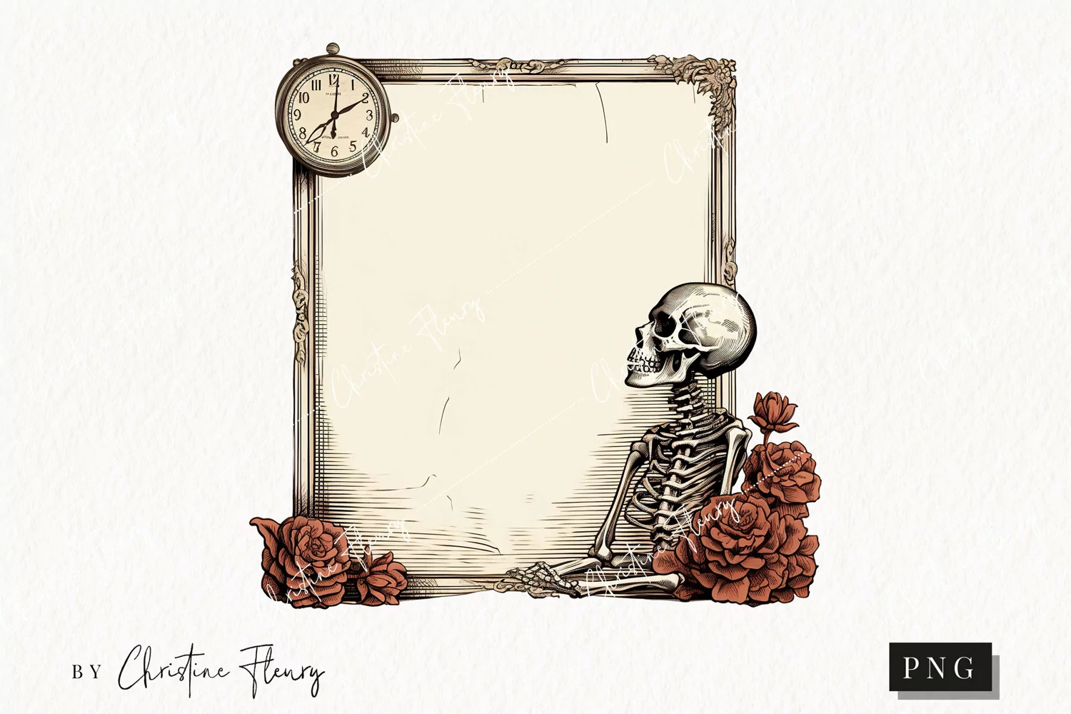 Vintage Goth Skeleton and Flower Frame Clipart | Halloween product image 1