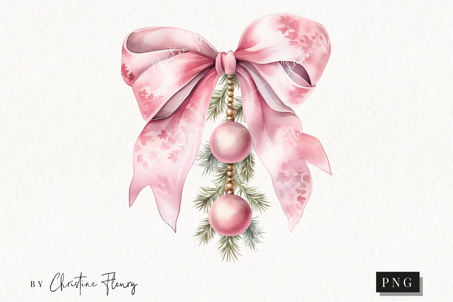 Watercolor Pink Bow With Baubles Clipart | Christmas Clipart product image 1