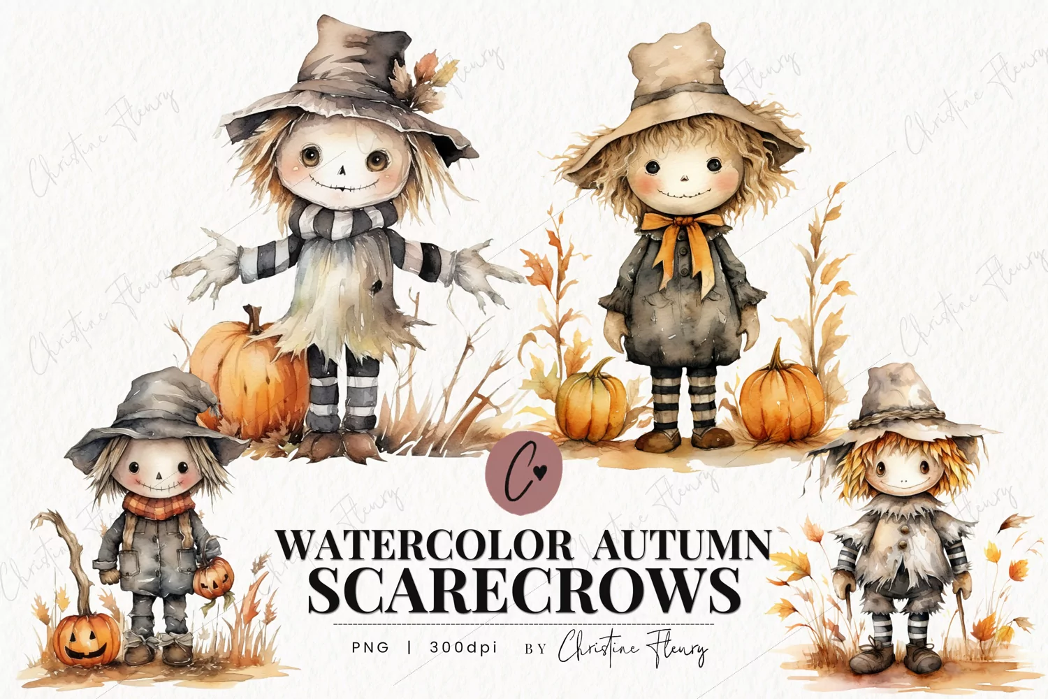 Watercolor Autumn Scarecrow Clipart product image 1