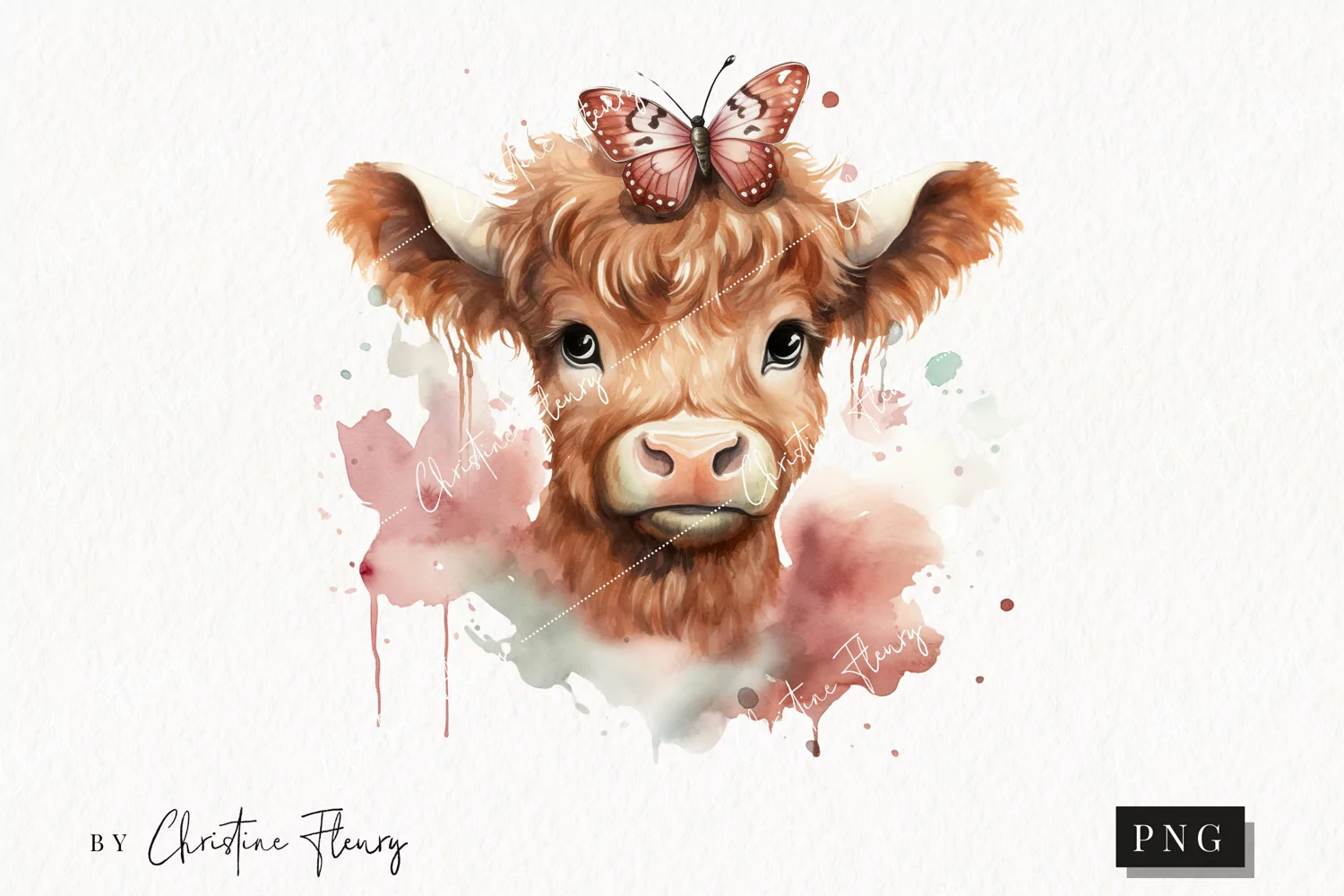 Watercolor Highland Cow with Butterfly PNG | Spring Clipart product image 1