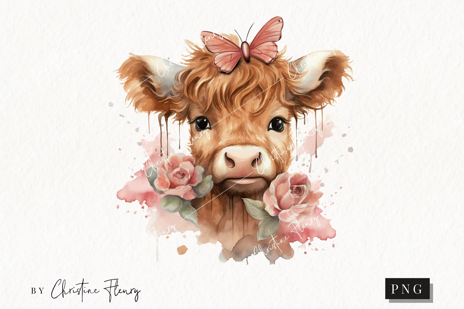 Watercolor Highland Cow with Butterfly PNG | Spring Clipart product image 1