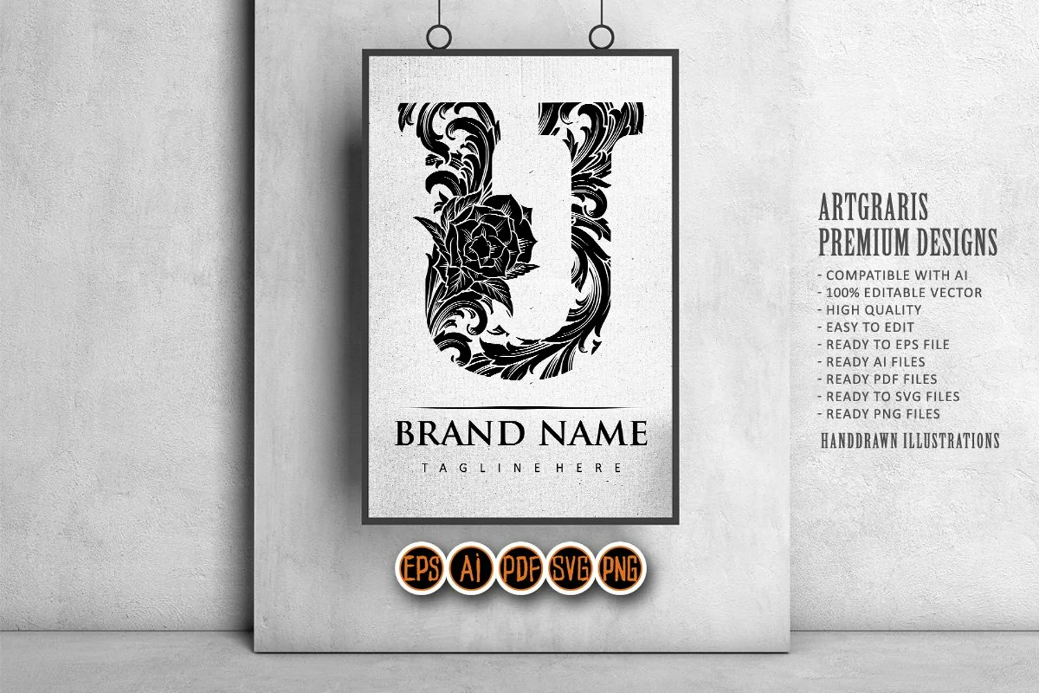 Chic charm classic U typeface illustration monochrome product image 1