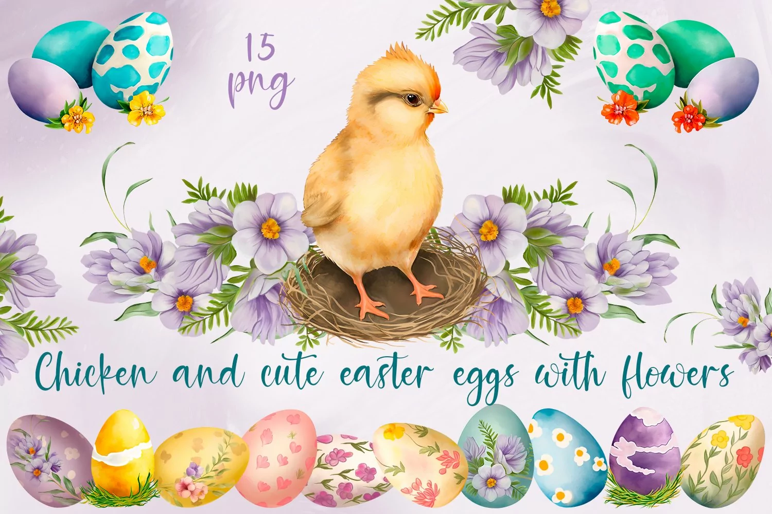 Chicken and cute watercolor easter eggs with flowers product image 1