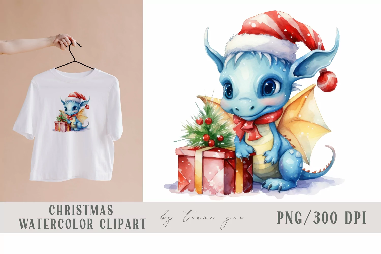 Cute Christmas blue dragon with gift box sublimation- 1 png product image 1