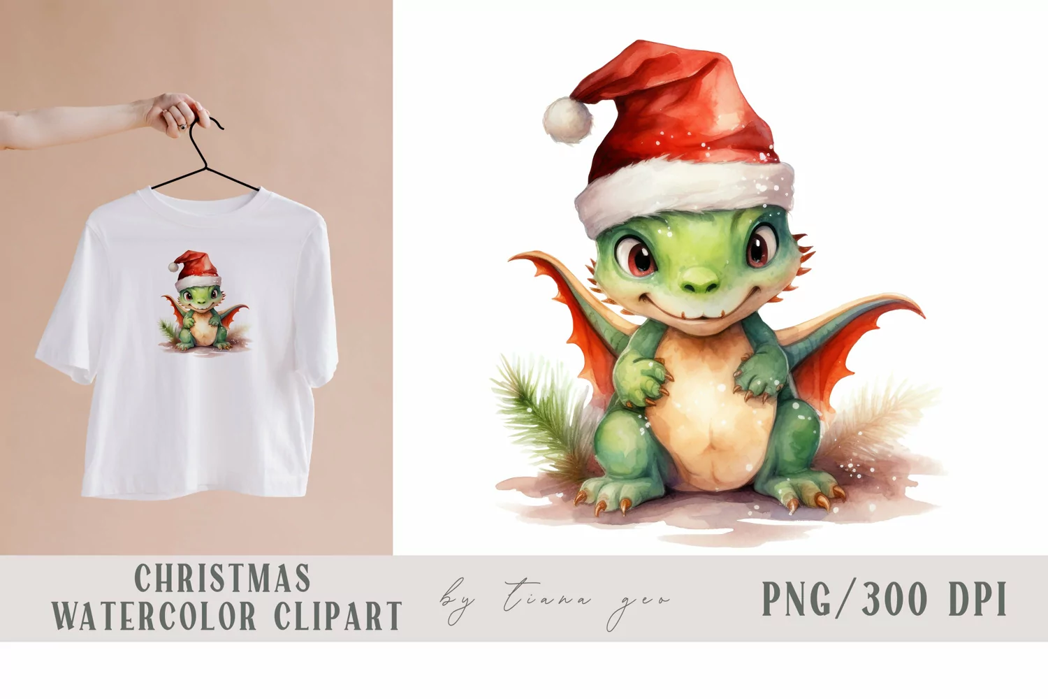 Cute Christmas dragon with Santas hat sublimation - 1 PNG product image 1