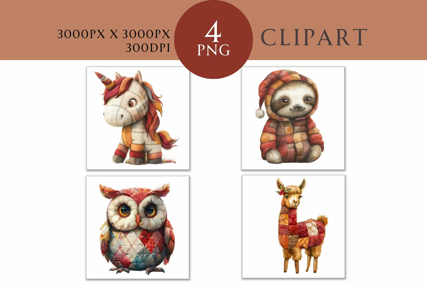 Christmas and Autumn Whimsical Patchwork Watercolor Clipart