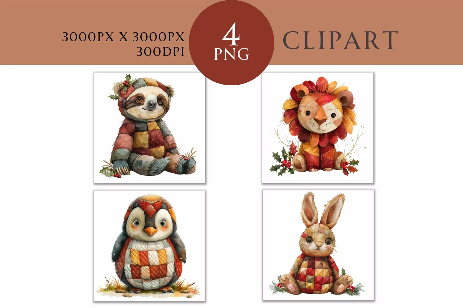 Christmas and Autumn Whimsical Patchwork Watercolor Clipart
