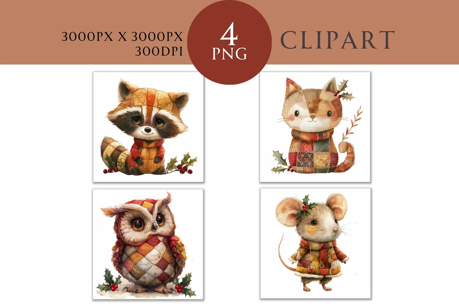 Christmas and Autumn Whimsical Patchwork Watercolor Clipart