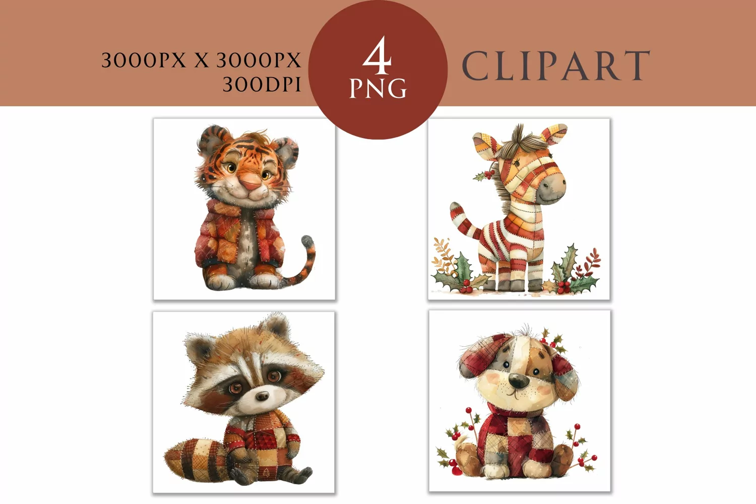 Christmas and Autumn Whimsical Patchwork Watercolor Clipart